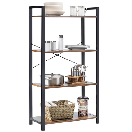 Dreamade 4-Tier Industrial Bookshelf, Vintage Bookcase with Metal Frame, Standing Shelf Unit