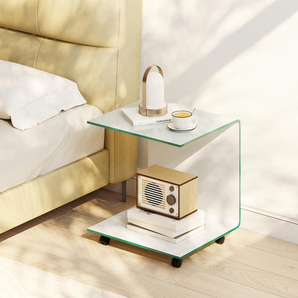 Dreamade C-Shaped End Table with Wheels - Mobile Tempered Glass Sofa Couch Side Table w/2-Tier Storage Shelf