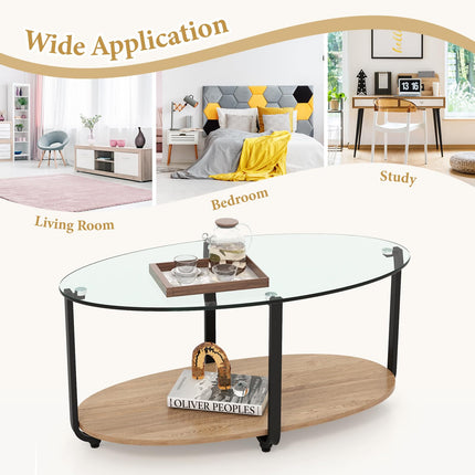 DREAMADE 2 Tier Glass Coffee Table, Oval Modern Home Furniture w/Open Storage Shelf & Sturdy Metal Legs