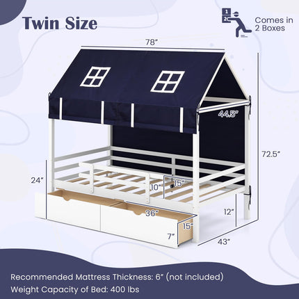 Dreamade Twin House Bed with Tent, Wood Kids Bed with 2 Storage Drawers, Solid Wood Daybed Frame with Rails and Roof