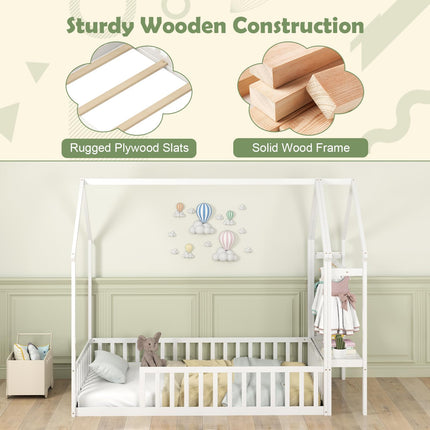 Dreamade Twin House Floor Bed, Solid Wood Montessori Floor Bed with Detachable Storage Shelf & Clothes Hanger