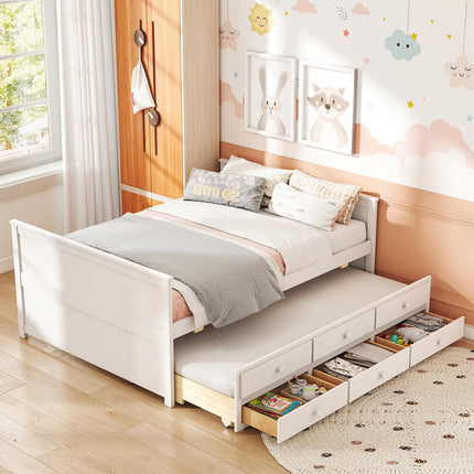 Dreamade Full Size Bed Frame with Twin Trundle & 3 Storage Drawers