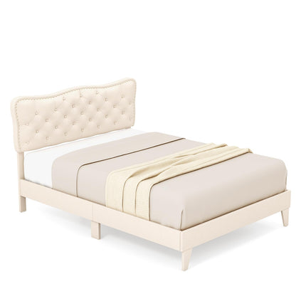 Dreamade Full Size Bed Frame Beige, Linen Fabric Upholstered Platform Bed Frame with Nail Headboard