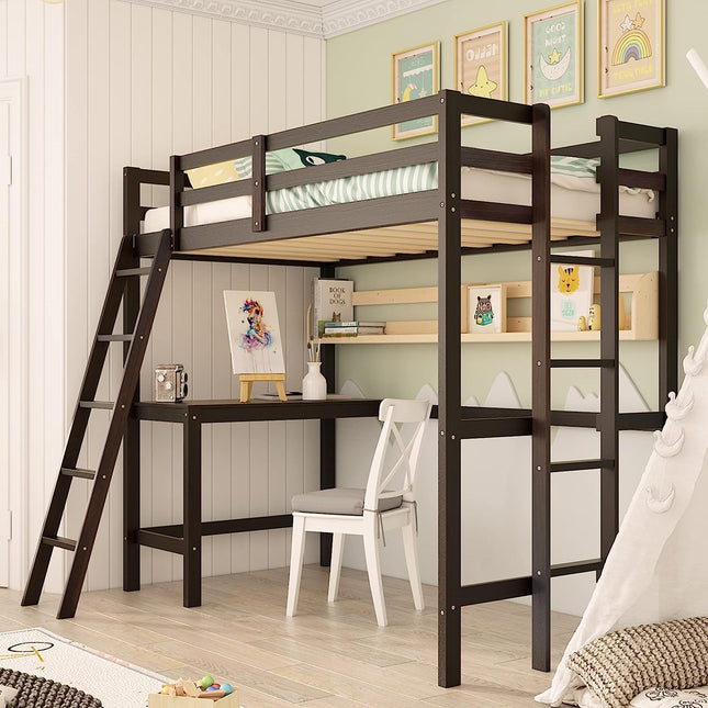 Dreamade Twin Size Loft Bed with Desk, Solid Wood Loft Bed with 2 Ladders & Full Length Guardrail