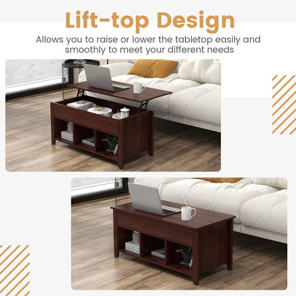Dreamade Lift Top Coffee Table - Rectangular Wooden Table w/Hidden Compartment & Open Storage Shelves