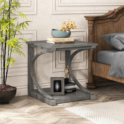 Dreamade C-Shaped End Table, 24" Square Couch Table with Bottom Storage Shelf & Solid Rubber Wood Frame