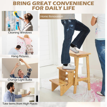 DreamadeFolding 3 Tier Step Ladder, Multipurpose 3-in-1 Wood Step Stool with Anti-Slip (Natural)