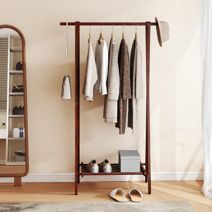 Dreamade Folding Rubber Wood Clothes Hanging Rack Standing Garment Rack with Bottom Storage Shelf