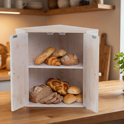 Dreamade Corner Bread Box for Kitchen Countertop | Bamboo Wood Storage Bin with 2-Tier Pantry Shelves