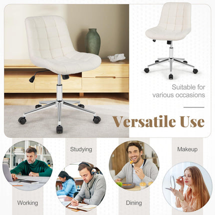 Dreamade Armless Office Chair, Modern Faux Fur White Vanity Chair with Wheels & Adjustable Height