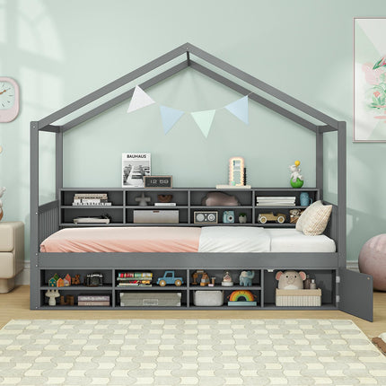 Dreamade Twin Size House Bed with Storage, Wooden Montessori House Bed with 14 Storage Cubes