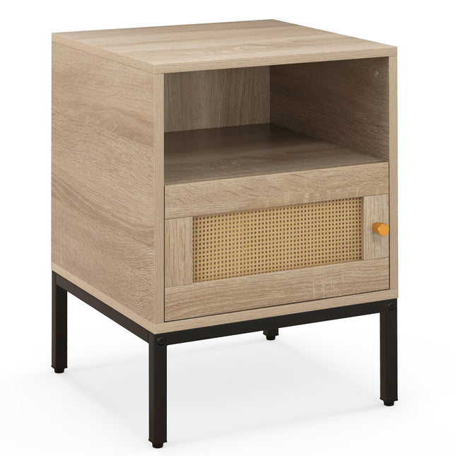 Dreamade Rattan Nightstand, Boho Night Stand with Open Storage Shelf & Rattan Decorative Door