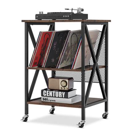 Dreamade Record Player Stand, Vinyl Record Storage Table w/ 3 M-shaped Dividers & 4 Rolling Wheels, Rustic Brown