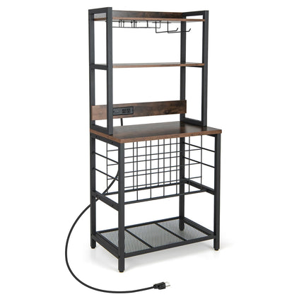 Dreamade Bakers Rack with Storage Hutch, Power Outlet & USB Port, Coffee Bar 24-Bottle Wine Rack & Glass Holder