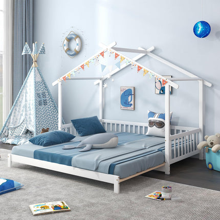 Dreamade Extendable House Bed for Kids, Twin to King Daybed with Roof & Fence Rails, Wood Kids Bed Frame for Teens