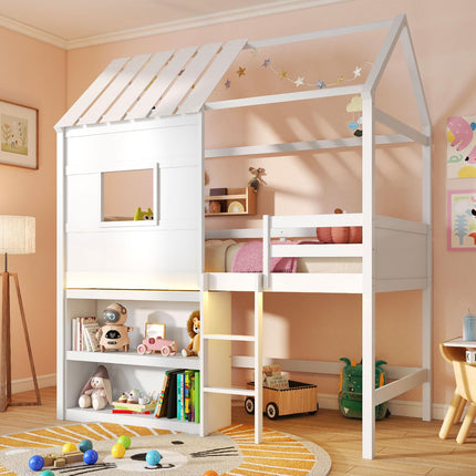Dreamade Twin Size Loft Bed with LED Lights Roof Window and Storage Bookshelf