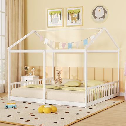 Dreamade Double Twin Floor Beds for 2 Kids, Wood Twin Size House Beds with Safety Guardrails, White