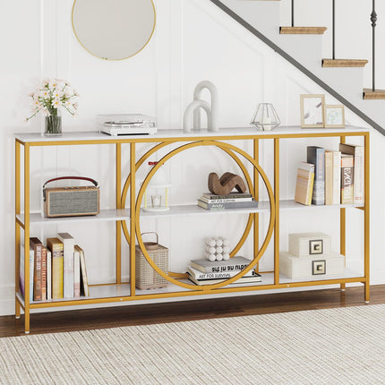Dreamade 3-Tier Long Console Table Narrow Entryway Table with Faux Wood Grain Top & Heavy-Duty Metal Frame