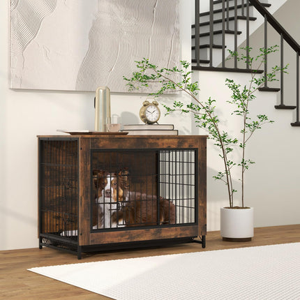 Dreamade Dog Crate Furniture - Dog Kennel Side Table with Double Doors & Removable Pull-Out Tray