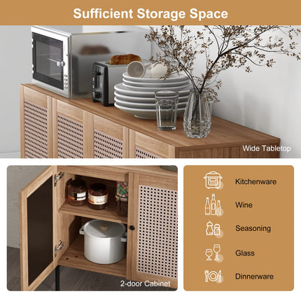 Dreamade Buffet Cabinet, Wood Sideboard Storage Cabinet with Rattan Door, 3-Position Adjustable Shelf