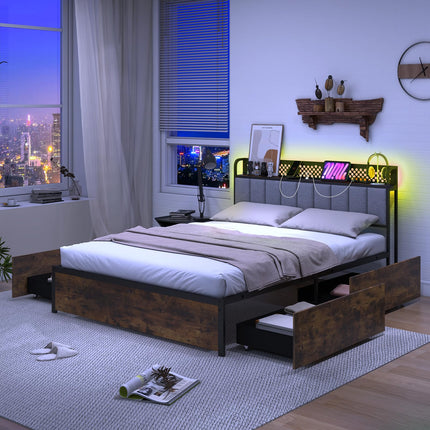 Dreamade Queen/Full/Twin Size LED Bed Frame with Charging Station, Metal Platform Bed with Upholstered Headboard & 4 Storage Drawers