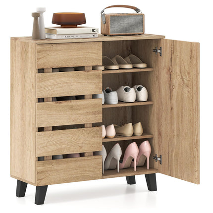 Dreamade 4-Tier Farmhouse Shoe Rack Cabinet with 2 Slatted Doors & Removable Shelves