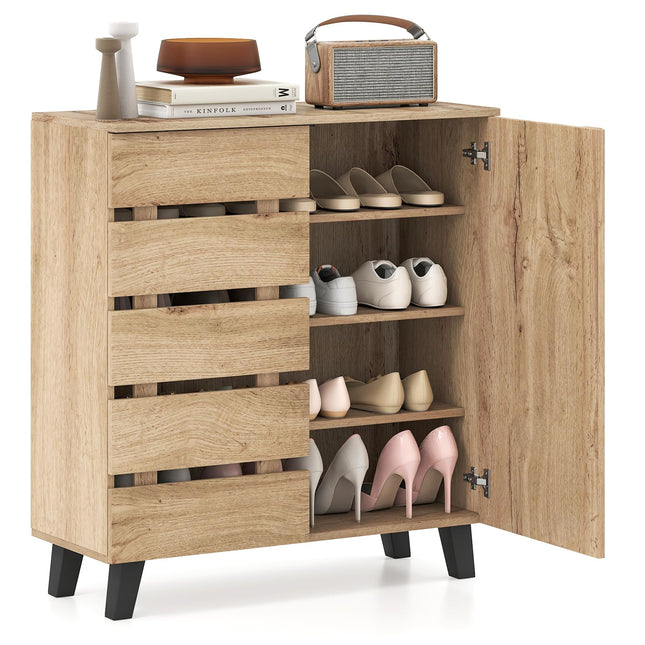 Dreamade 4-Tier Farmhouse Shoe Rack Cabinet with 2 Slatted Doors & Removable Shelves