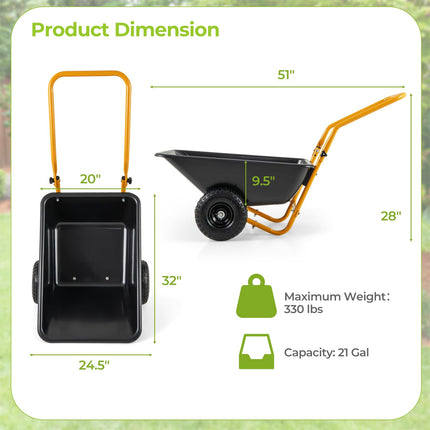 Dreamade Dual-Wheel Wheelbarrow, Heavy-Duty Garden Utility Cart with Built-in Stand, Pneumatic Tires, 330 Lbs Capacity, Foldable Handle