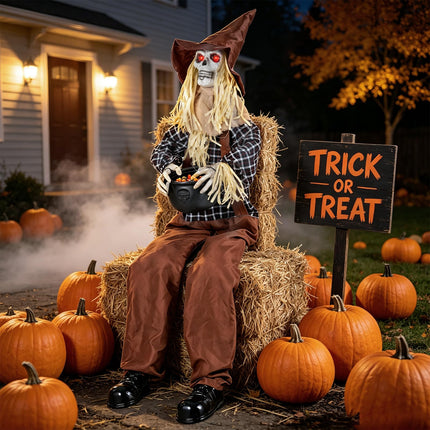 DREAMADE 53" Sitting Skeleton Animated Halloween Scarecrow Animatronics