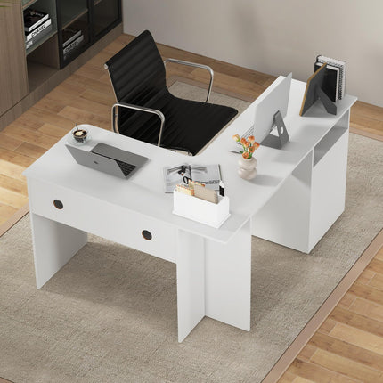Dreamade L Shaped Computer Desk with Drawers, 59" Corner Desk Workstation with Storage Shelf & Cable Holes