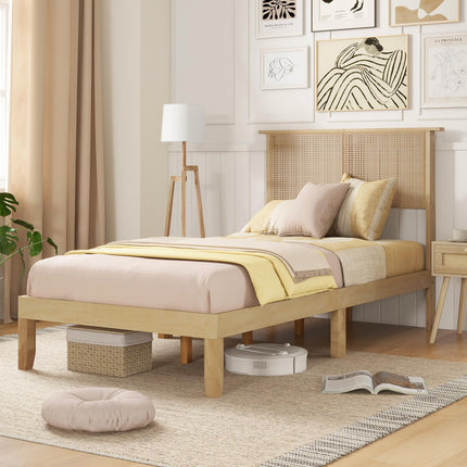 Dreamade Queen/Full/Twin Size Bed Frames with Rattan Headboard, Boho Solid Wood Platform Bed with Wooden Slats