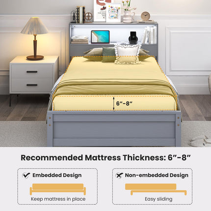 Dreamade Twin Bed Frames with Storage Headboard, Wood Platform Bed with Charging Station & LED Light