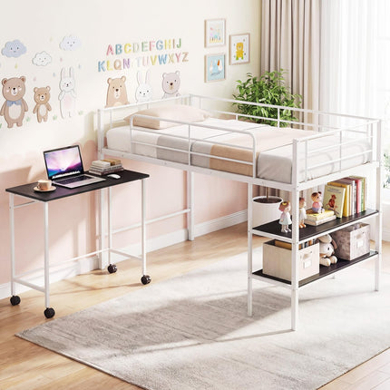 Dreamade Low Loft Twin Size Bed with Desk & Bookshelf