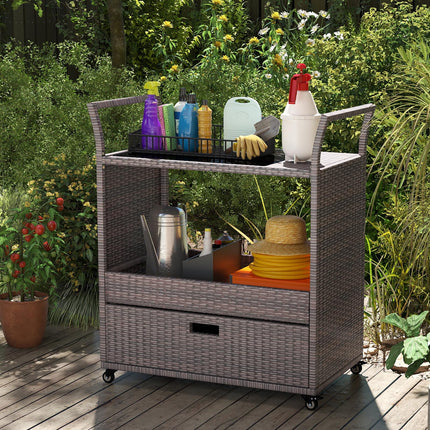 Dreamade Rolling Wicker Cart W/Shelves and Big Drawer for Dining Room