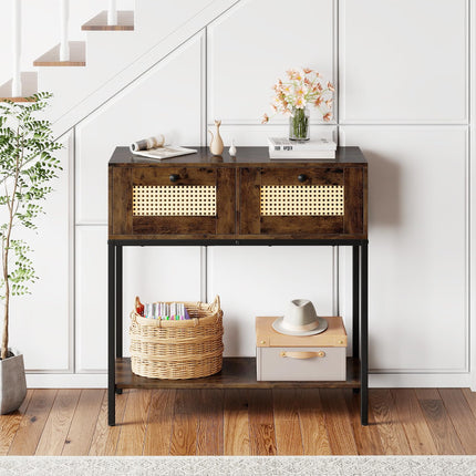 Dreamade Rattan Console Table 32" Boho Entryway Table with 2 Drawers