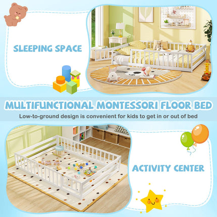 Dreamade Floor Bed with Door & Fence Kids Wood Montessori Beds with Safety Guardrails