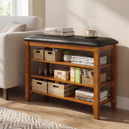 Dreamade 4-Tier Shoe Rack Bench | Rubber Wood Entryway Bench with Adjustable Shelves