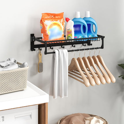 Dreamade Foldable Towel Rack for Bathroom, Wall Mounted Towel Holder Organizer w/ 1 Basket, 1 Towel Bar & 5 Sliding Hooks