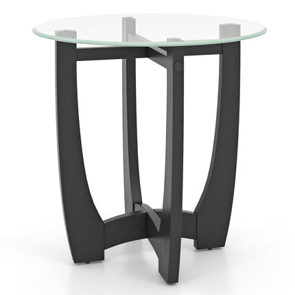 Dreamade Glass End Table, Round Side Table with Rubber Wood Frame & Tempered Glass Top, 23.5" Small Black Coffee Table