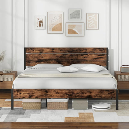 Dreamade King/Queen/Full/Twin Size Metal Platform Bed Frame, Industrial Bed Frames with Wood Headboard