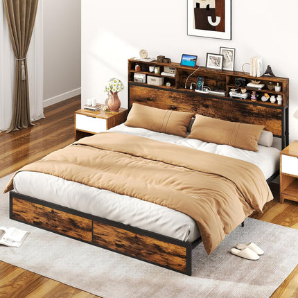 Dreamade King/Queen/Twin Size Bed Frame with Storage Headboard and Charging Station, Industrial Metal Platform Bed