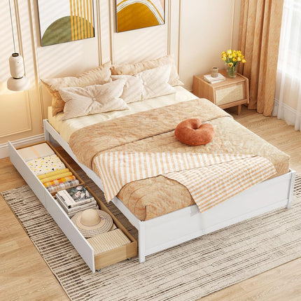 Dreamade Queen/Full/Twin Size Bed Frame with 2 Storage Drawers, Solid Wood Platform Bed with Slats Support