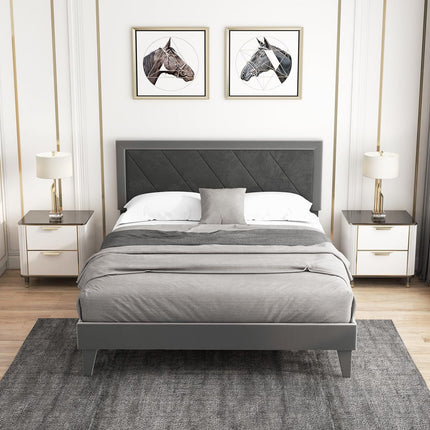 Dreamade Full Size Velvet Bed Frame with Headboard, Modern Upholstered Platform Bed, No Box Spring Needed, Black & Gray