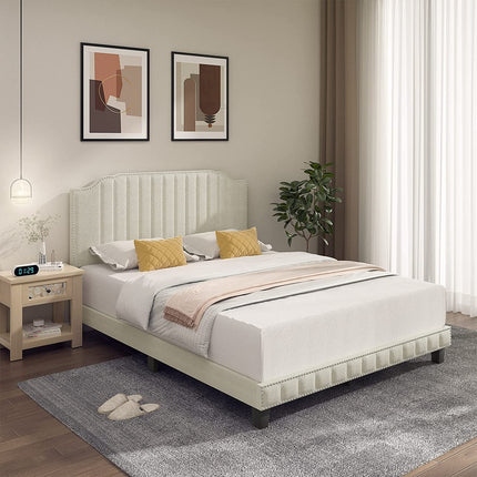 Dreamade Queen/Full/Twin Size Upholstered Bed Frame, Linen Platform Bed w/Rivet Headboard, Heavy Duty Mattress Foundation