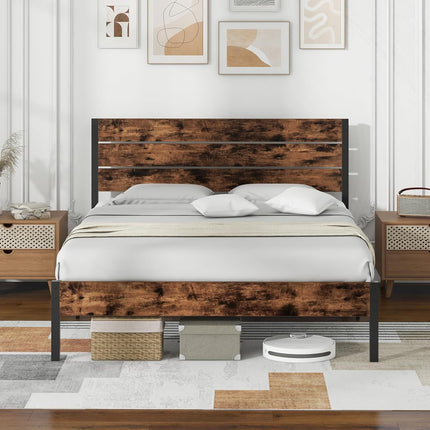 Dreamade King/Queen/Full/Twin Size Metal Platform Bed Frame, Industrial Bed Frames with Wood Headboard