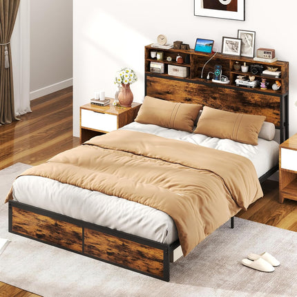 Dreamade King/Queen/Twin Size Bed Frame with Storage Headboard and Charging Station, Industrial Metal Platform Bed
