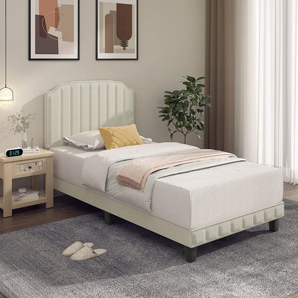 Dreamade Queen/Full/Twin Size Upholstered Bed Frame, Linen Platform Bed w/Rivet Headboard, Heavy Duty Mattress Foundation