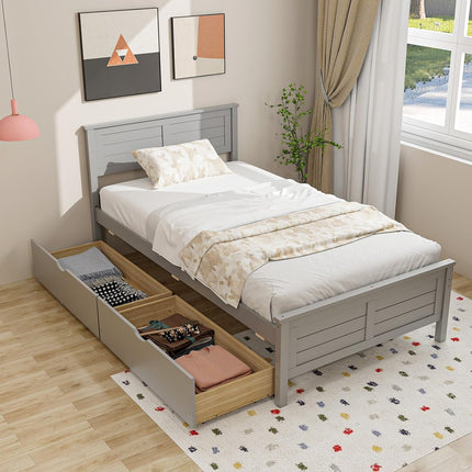 Dreamade Wood Full Size Bed Frame with 2 Storage Drawers, Solid Wood Platform Bed with Headboard