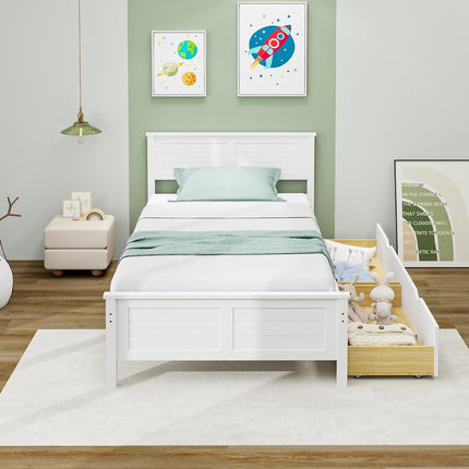 Dreamade Wood Full Size Bed Frame with 2 Storage Drawers, Solid Wood Platform Bed with Headboard