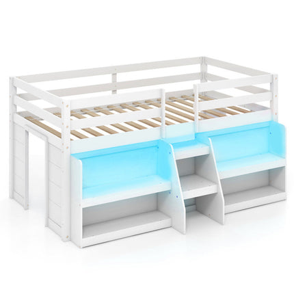 Dreamade Low Loft Bed with LED Lights, Wooden Twin Loft Bed with Stairs & Safety Guardrail